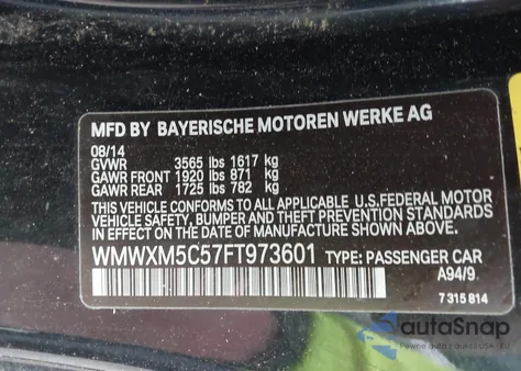 2015 Mini Cooper from USA, damaged, VIN WMWXM5C57FT973601